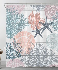 Rustic Nautical Coastal Shower Curtain, Starfish Seashell And Corals On Vintage Wooden Board Fabric