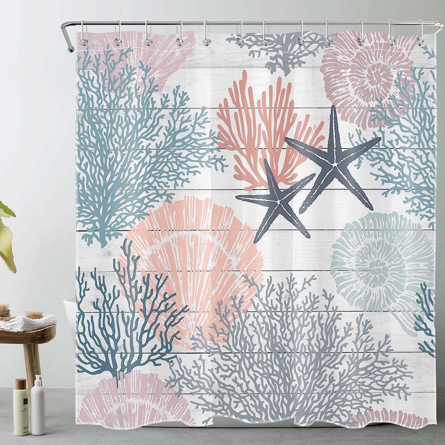Rustic Nautical Coastal Shower Curtain, Starfish Seashell And Corals On Vintage Wooden Board Fabric