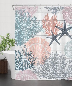 Rustic Nautical Coastal Shower Curtain, Starfish Seashell And Corals On Vintage Wooden Board Fabric