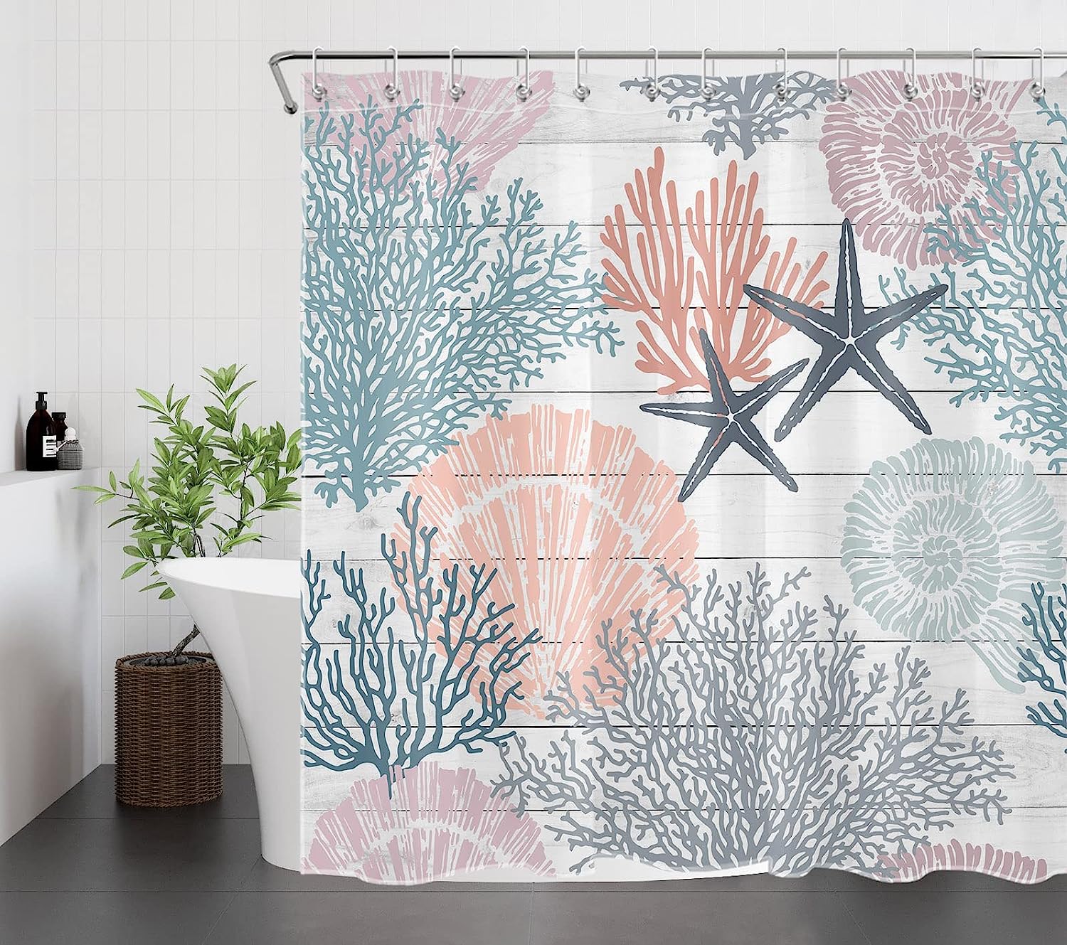 Rustic Nautical Coastal Shower Curtain, Starfish Seashell And Corals On Vintage Wooden Board Fabric