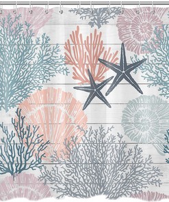 Rustic Nautical Coastal Shower Curtain, Starfish Seashell And Corals On Vintage Wooden Board Fabric