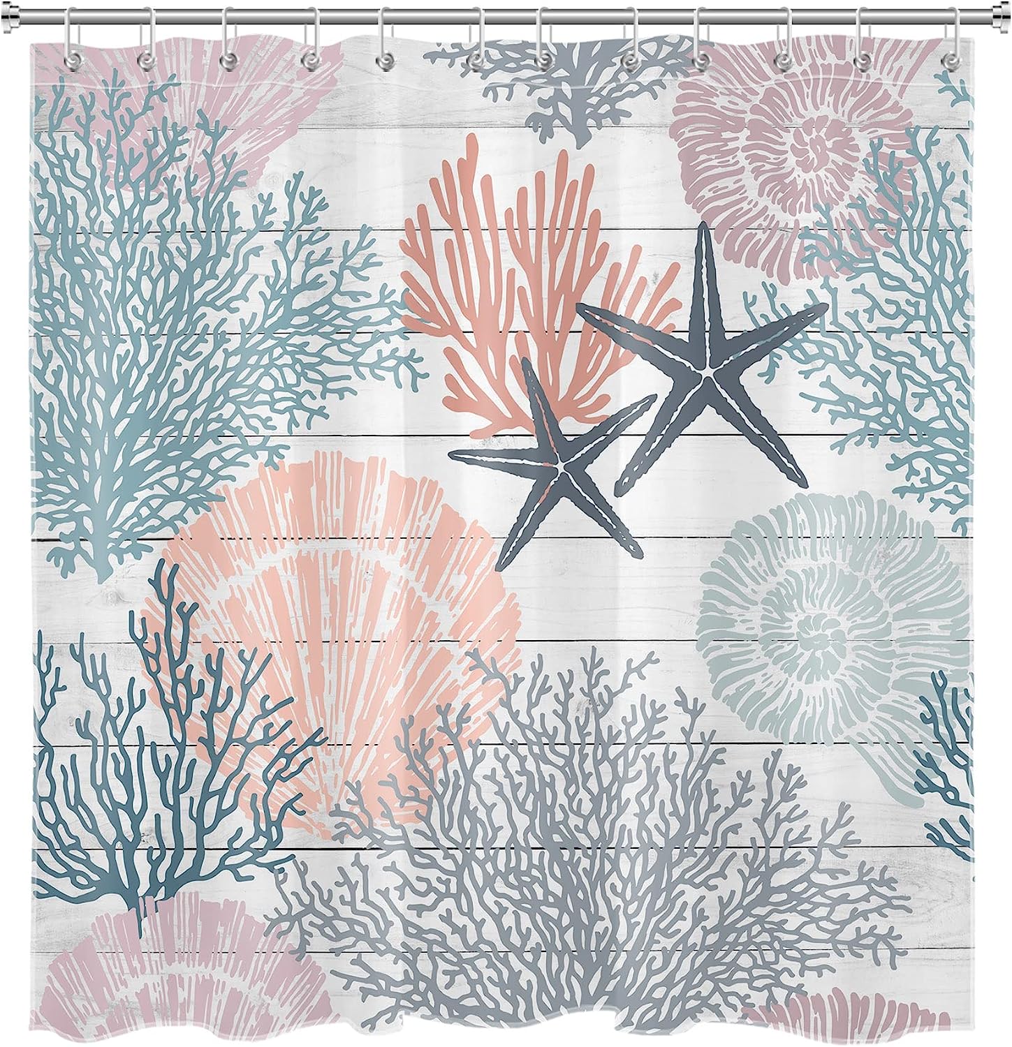 Rustic Nautical Coastal Shower Curtain, Starfish Seashell And Corals On Vintage Wooden Board Fabric