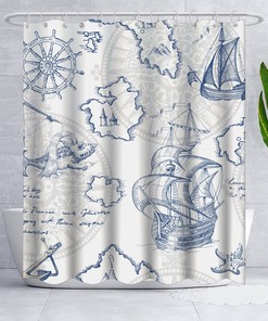 Rustic Nautical Map Shower Curtain with Sailboat and Lighthouse Prints