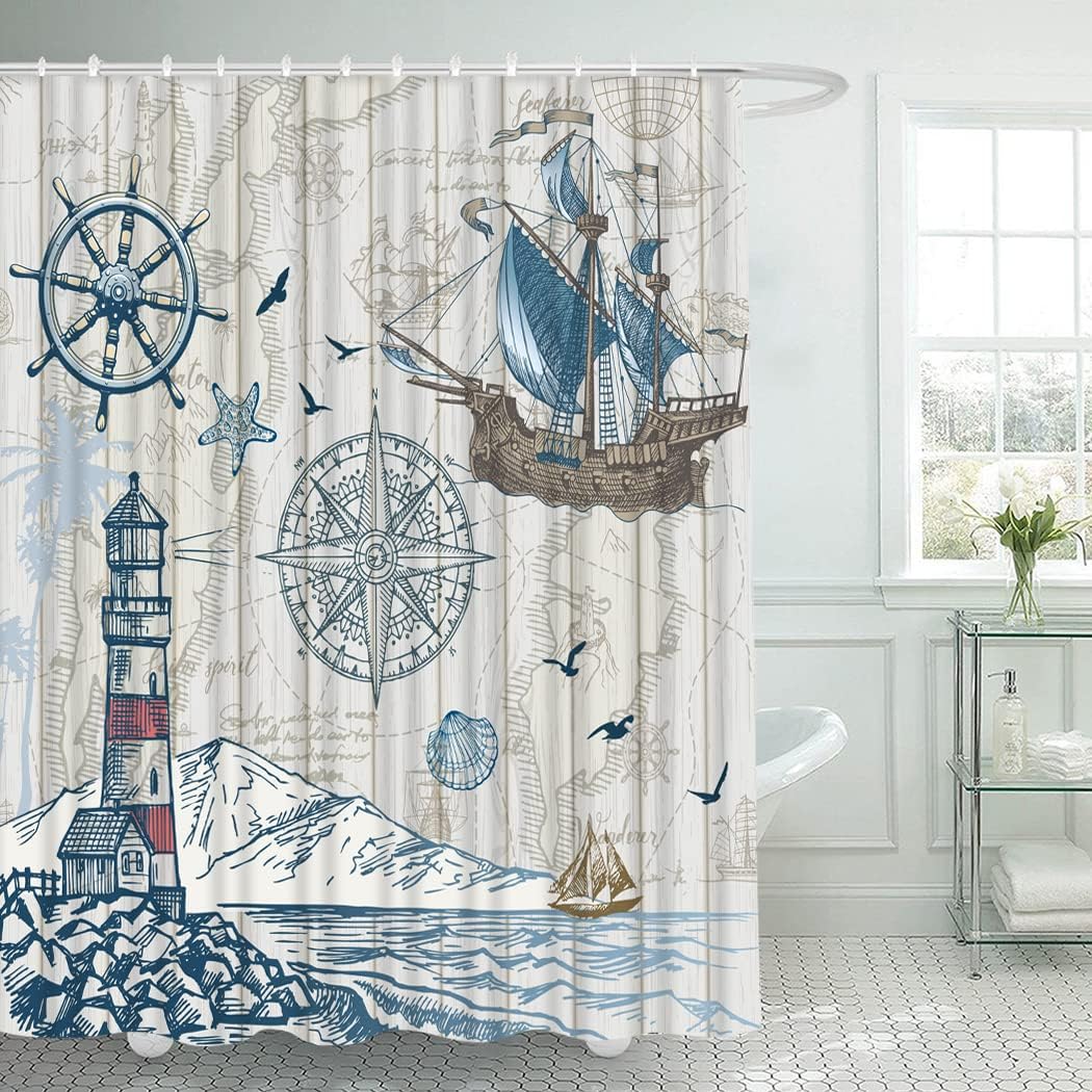 Rustic Nautical Sailboat Map Shower Curtain - Stylish And Durable - Image 2