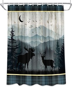 Rustic Night Forest Deer and Elk Fabric Shower Curtain