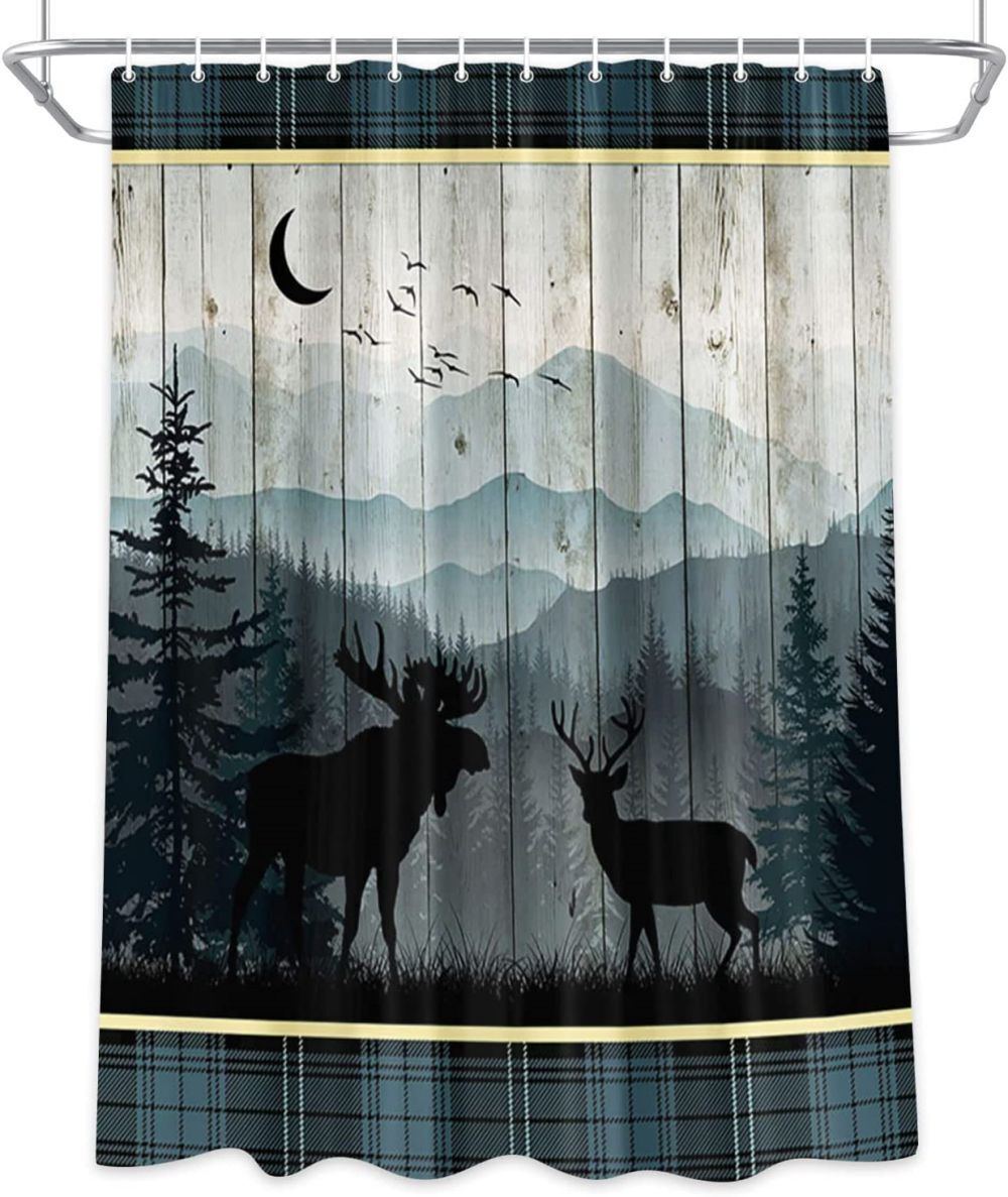 Rustic Night Forest Deer and Elk Fabric Shower Curtain