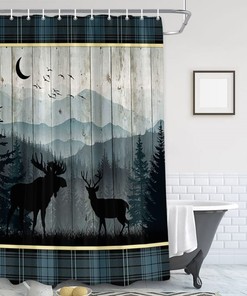 Rustic Night Forest Deer and Elk Fabric Shower Curtain