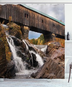 Rustic Oak Bridge Waterfall Shower Curtain - Vintage Bathroom Decor with Print Design