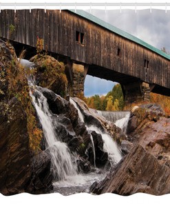Rustic Oak Bridge Waterfall Shower Curtain - Vintage Bathroom Decor with Print Design