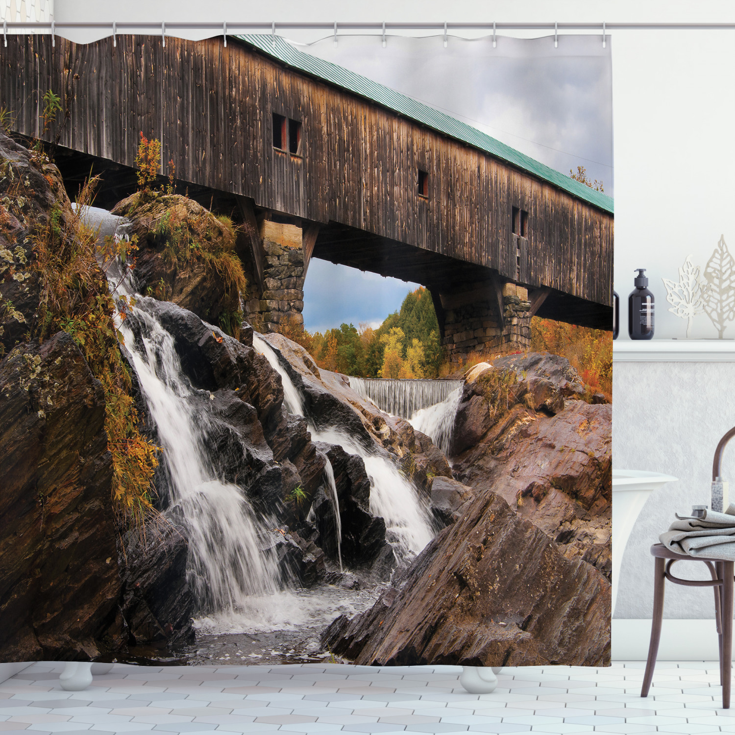 Rustic Oak Bridge Waterfall Shower Curtain - Vintage Bathroom Decor with Print Design