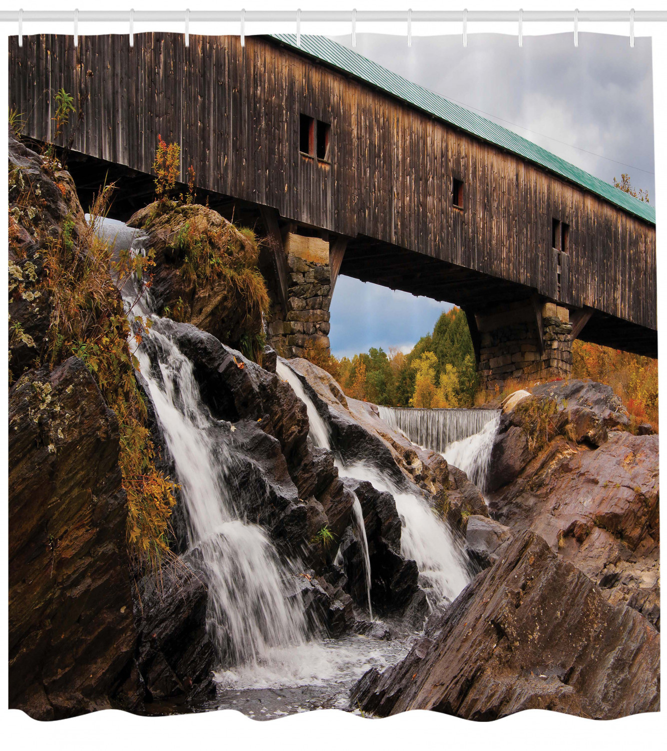 Rustic Oak Bridge Waterfall Shower Curtain - Vintage Bathroom Decor with Print Design