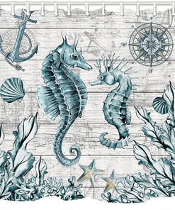 Rustic Ocean Seaweed and Starfish Shower Curtain with Grey Vintage Wooden Plank - Shocur Seahorse