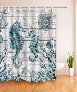 Rustic Ocean Seaweed and Starfish Shower Curtain with Grey Vintage Wooden Plank - Shocur Seahorse