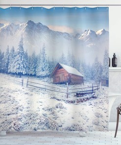 Rustic Old Farmhouse In Snow Mountains With Frosted Forest Photography Shower Curtain, Caramel White Decor