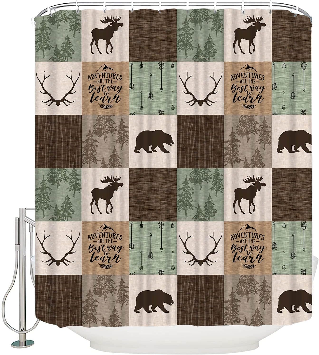 Rustic Patchwork Green Print Shower Curtain for Your Adventure Life Bathroom Decor