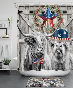 Rustic Patriotic Highland Cow Shower Curtain For Farmhouse Bathroom Decor