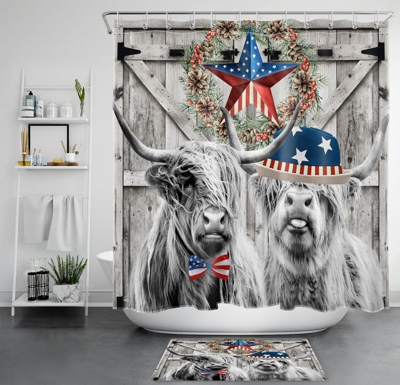 Rustic Patriotic Highland Cow Shower Curtain For Farmhouse Bathroom Decor