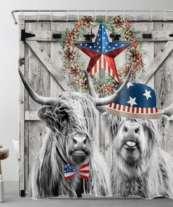 Rustic Patriotic Highland Cow Shower Curtain For Farmhouse Bathroom Decor