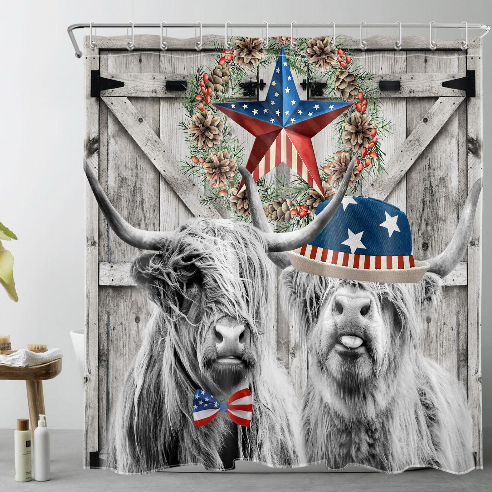 Rustic Patriotic Highland Cow Shower Curtain For Farmhouse Bathroom Decor