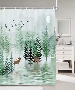 Rustic Pine Tree Forest Landscape Safari Moose Shower Curtain for a Cozy Bathroom Decor