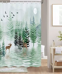 Rustic Pine Tree Forest Landscape Safari Moose Shower Curtain for a Cozy Bathroom Decor