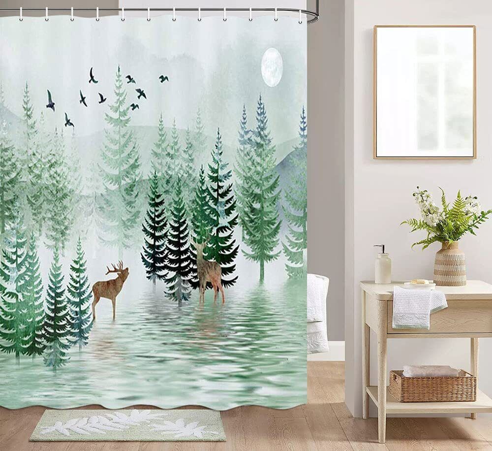 Rustic Pine Tree Forest Landscape Safari Moose Shower Curtain for a Cozy Bathroom Decor