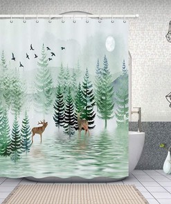Rustic Pine Tree Forest Landscape Safari Moose Shower Curtain for a Cozy Bathroom Decor