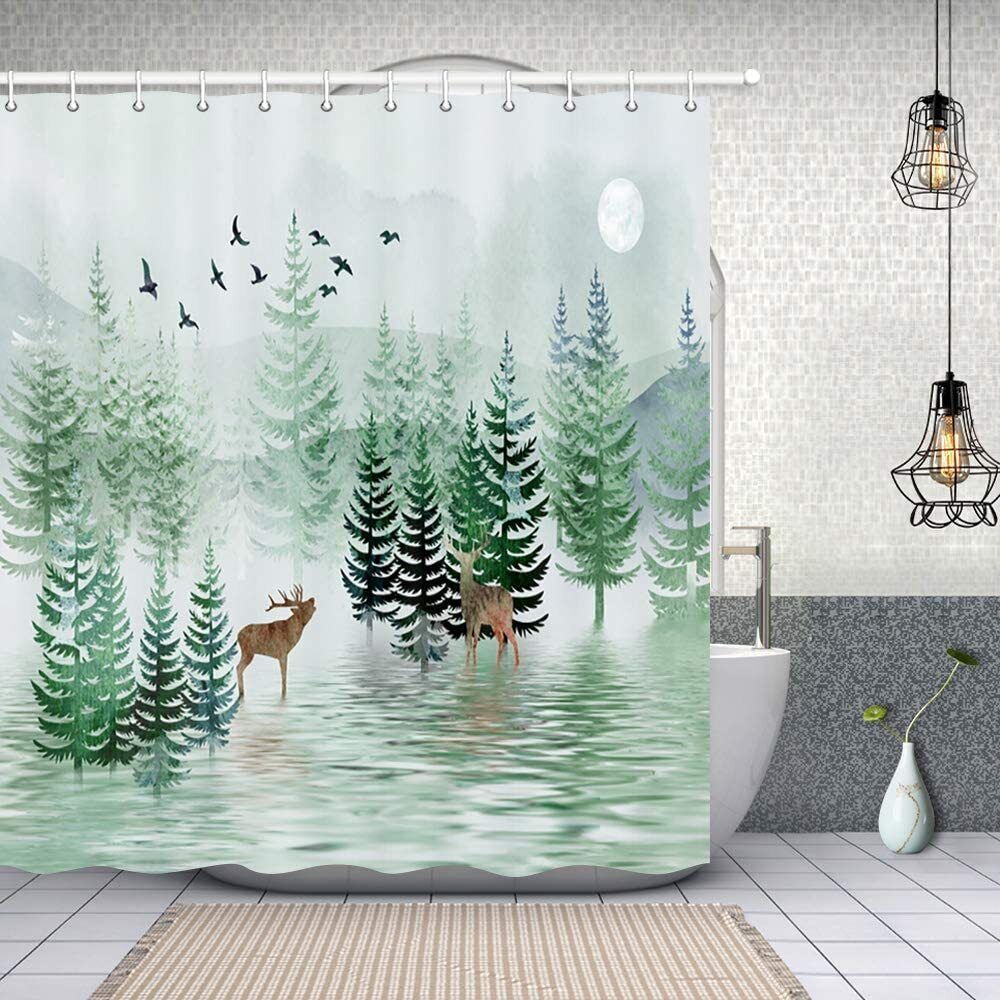 Rustic Pine Tree Forest Landscape Safari Moose Shower Curtain for a Cozy Bathroom Decor
