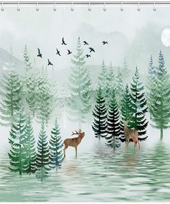 Rustic Pine Tree Forest Landscape Safari Moose Shower Curtain for a Cozy Bathroom Decor