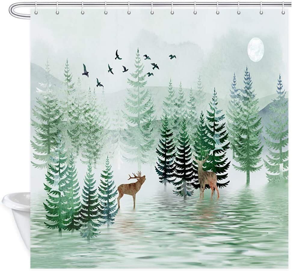 Rustic Pine Tree Forest Landscape Safari Moose Shower Curtain for a Cozy Bathroom Decor