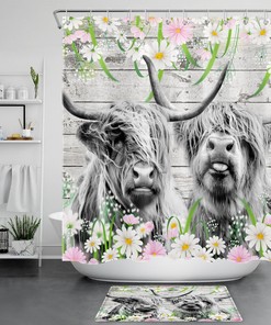 Rustic Pink Highland Cow Shower Curtain with Wooden Retro Design for Bathroom Decor