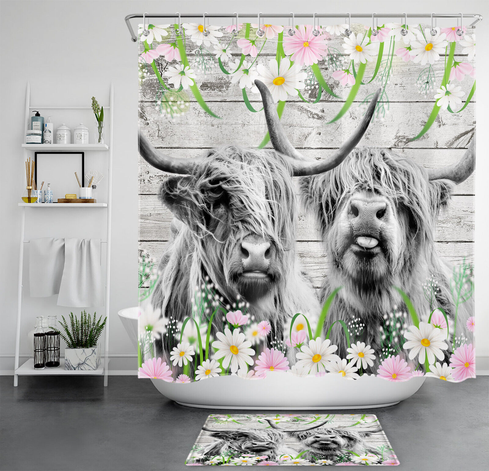 Rustic Pink Highland Cow Shower Curtain with Wooden Retro Design for Bathroom Decor