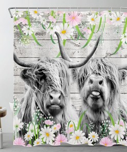 Rustic Pink Highland Cow Shower Curtain with Wooden Retro Design for Bathroom Decor