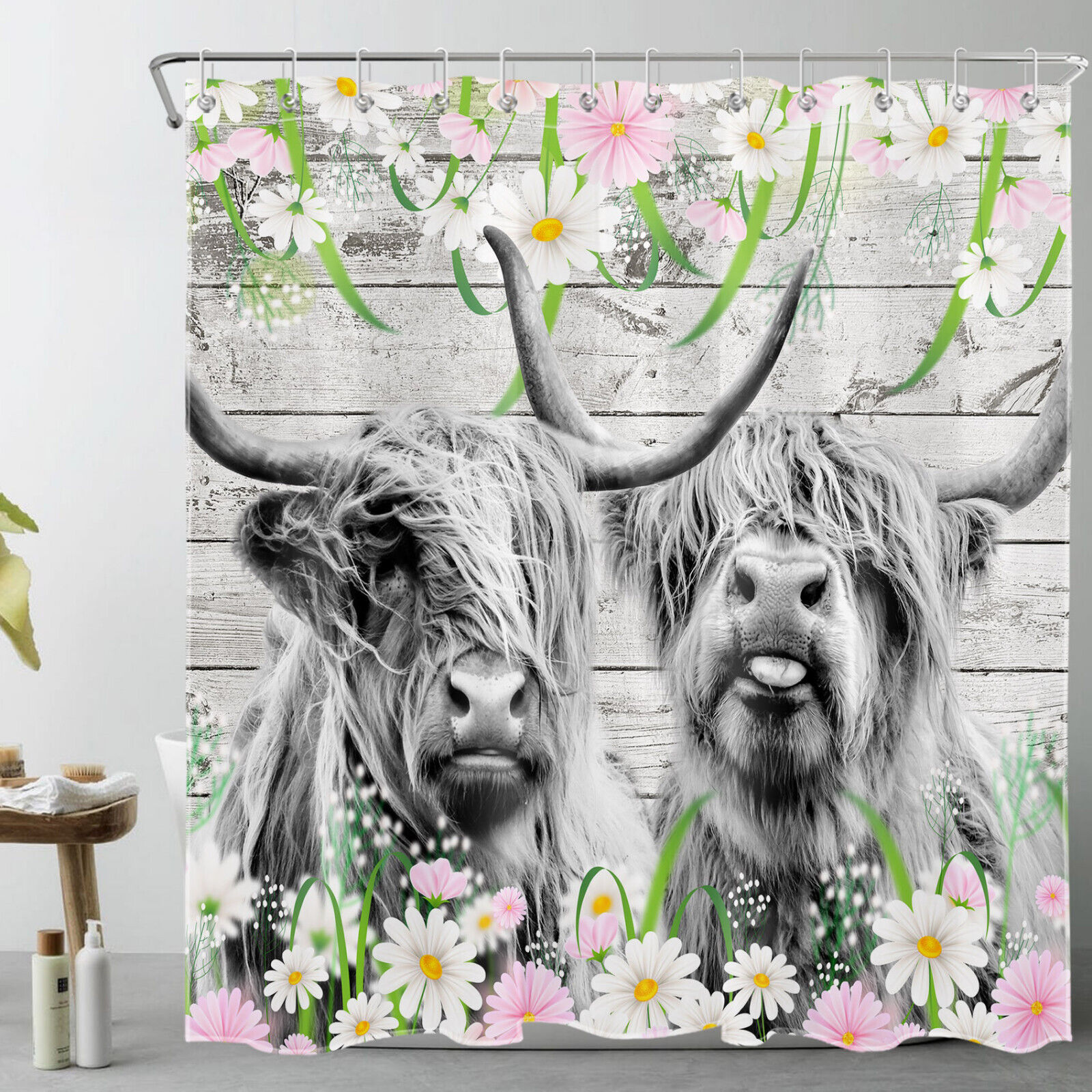 Rustic Pink Highland Cow Shower Curtain with Wooden Retro Design for Bathroom Decor