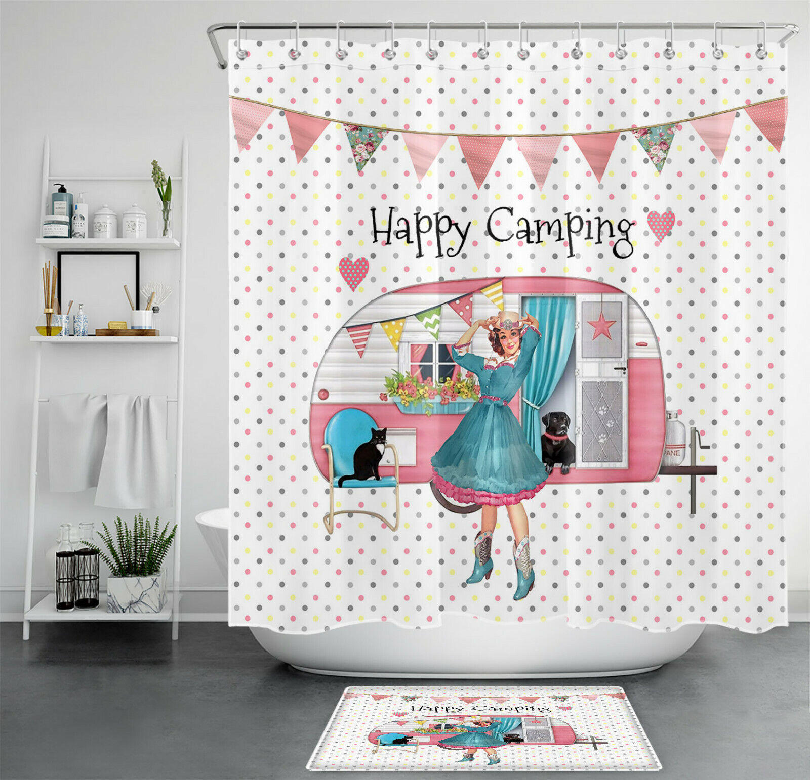 Rustic Pink Picnic Car and Pets Shower Curtain for Shabby Chic Bathroom Decor