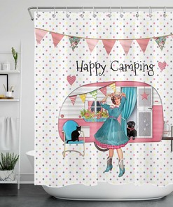 Rustic Pink Picnic Car and Pets Shower Curtain for Shabby Chic Bathroom Decor