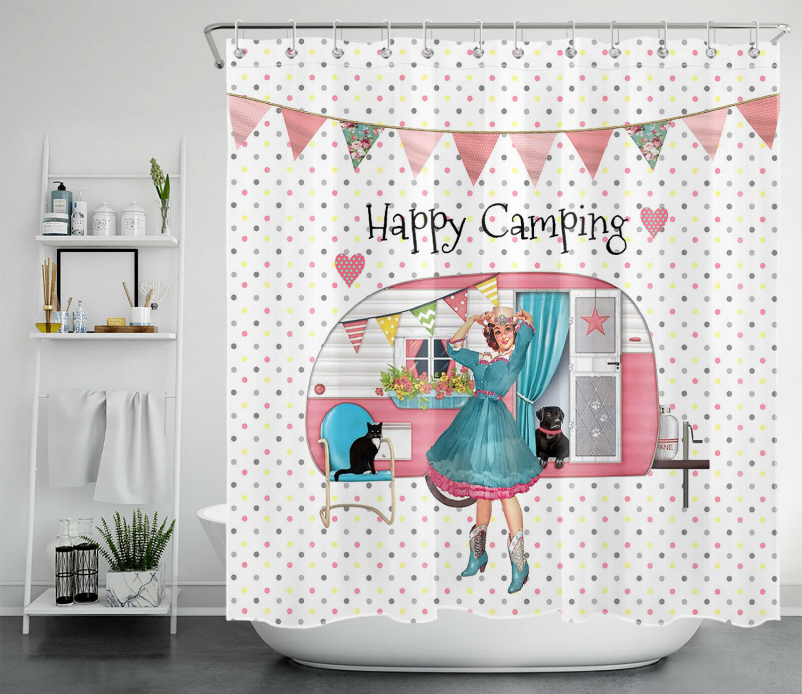 Rustic Pink Picnic Car and Pets Shower Curtain for Shabby Chic Bathroom Decor