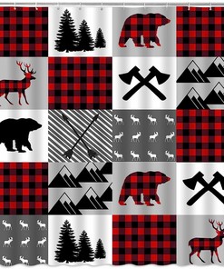 Rustic Plaid Bear Deer Shower Curtain, Cabin Themed Bathroom Decor with Nature and Wildlife