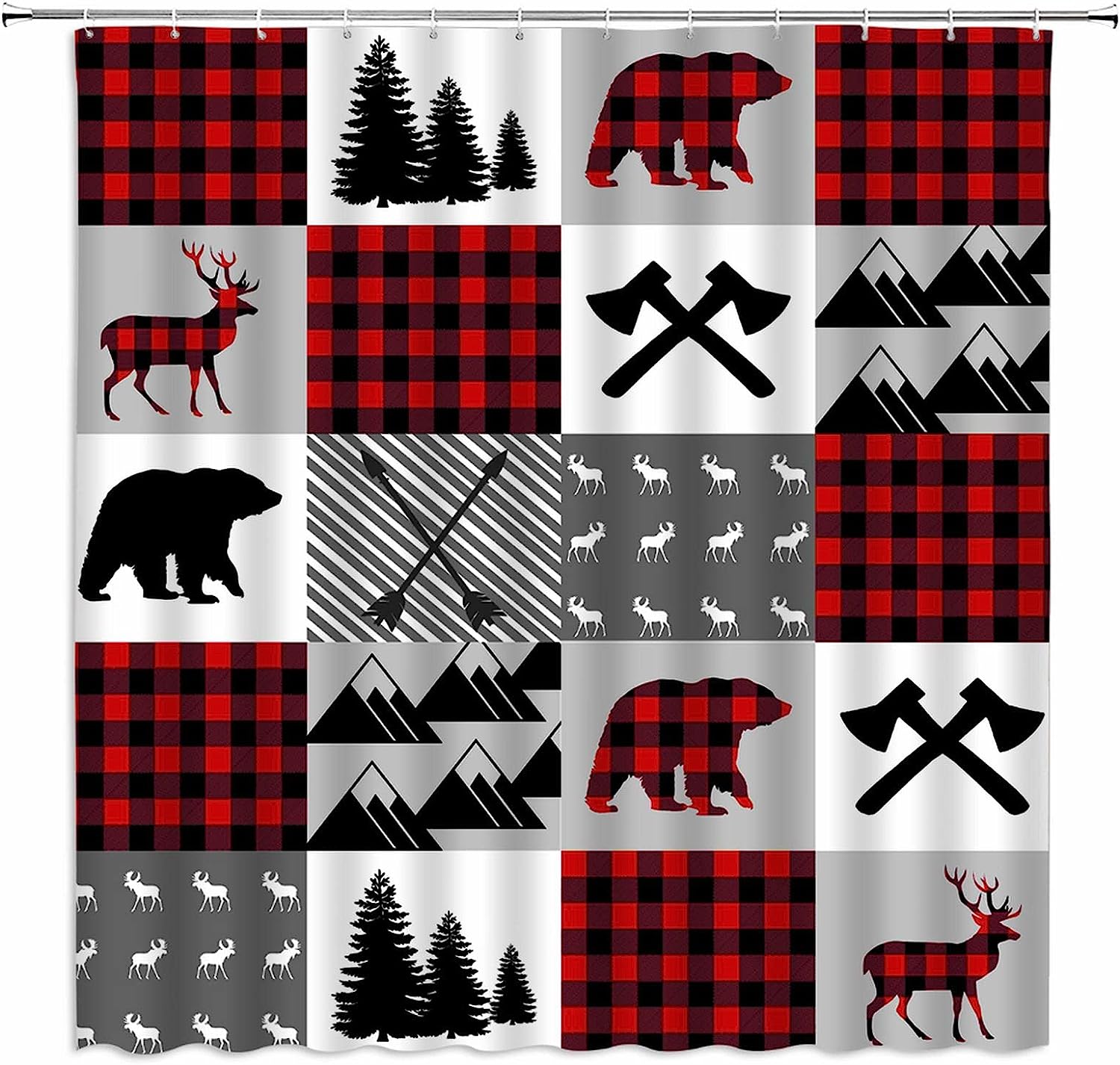 Rustic Plaid Bear Deer Shower Curtain, Cabin Themed Bathroom Decor with Nature and Wildlife