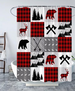 Rustic Plaid Bear Deer Shower Curtain, Cabin Themed Bathroom Decor with Nature and Wildlife