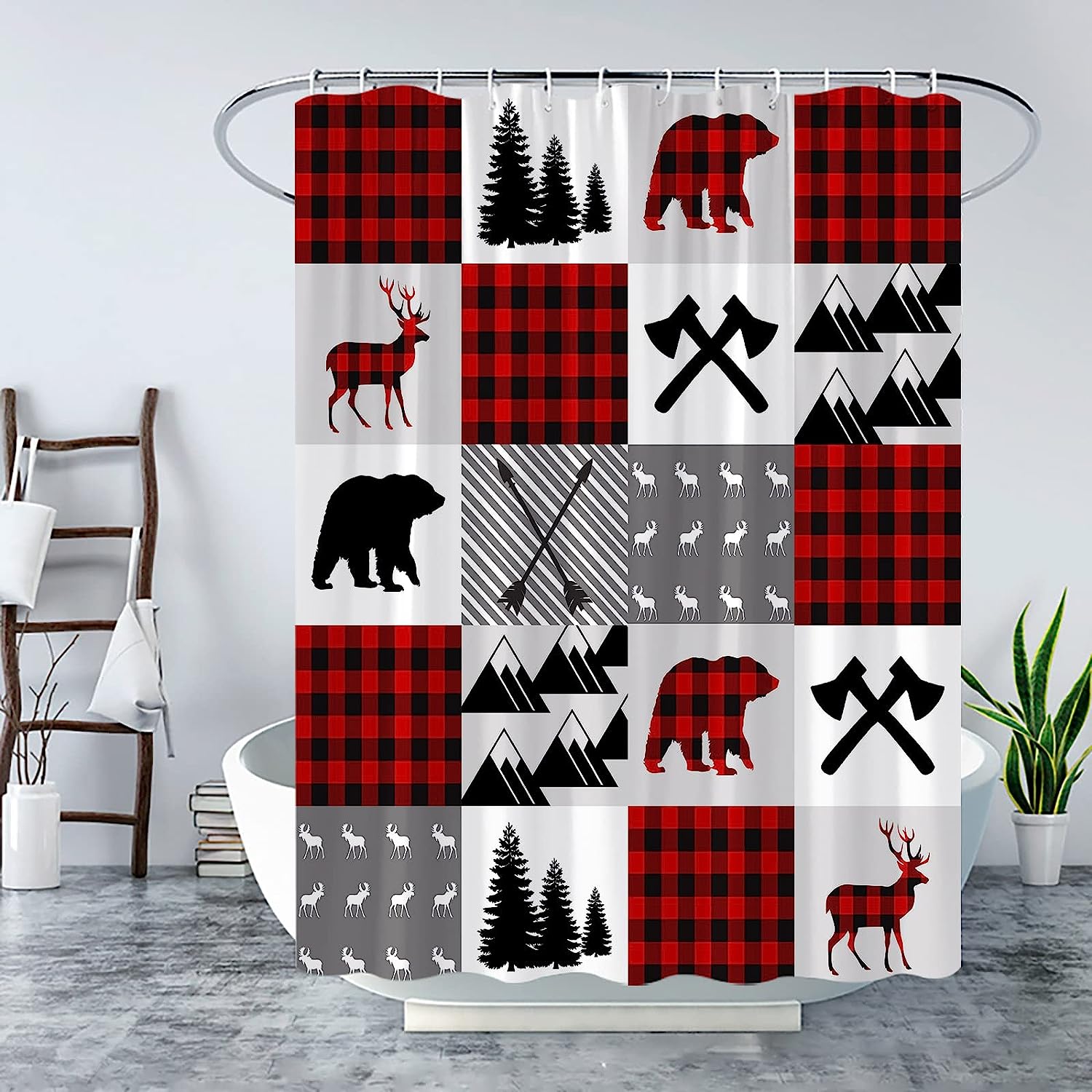 Rustic Plaid Bear Deer Shower Curtain, Cabin Themed Bathroom Decor with Nature and Wildlife