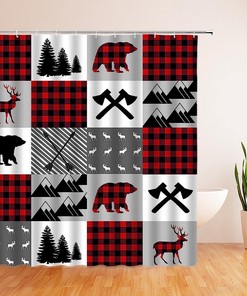 Rustic Plaid Bear Deer Shower Curtain, Cabin Themed Bathroom Decor with Nature and Wildlife