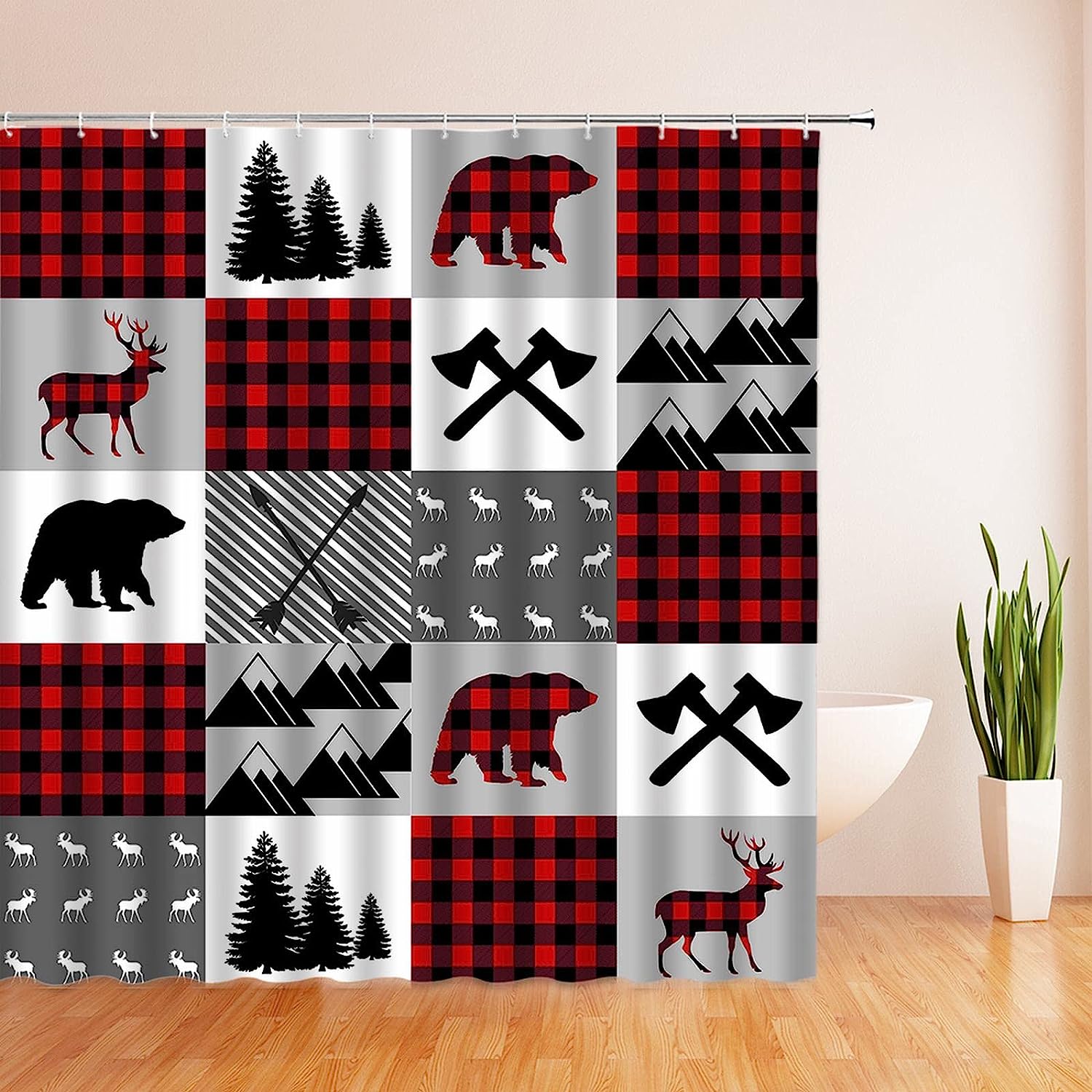 Rustic Plaid Bear Deer Shower Curtain, Cabin Themed Bathroom Decor with Nature and Wildlife