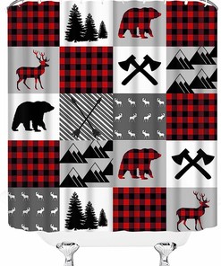Rustic Plaid Bear Deer Shower Curtain, Cabin Themed Bathroom Decor with Nature and Wildlife
