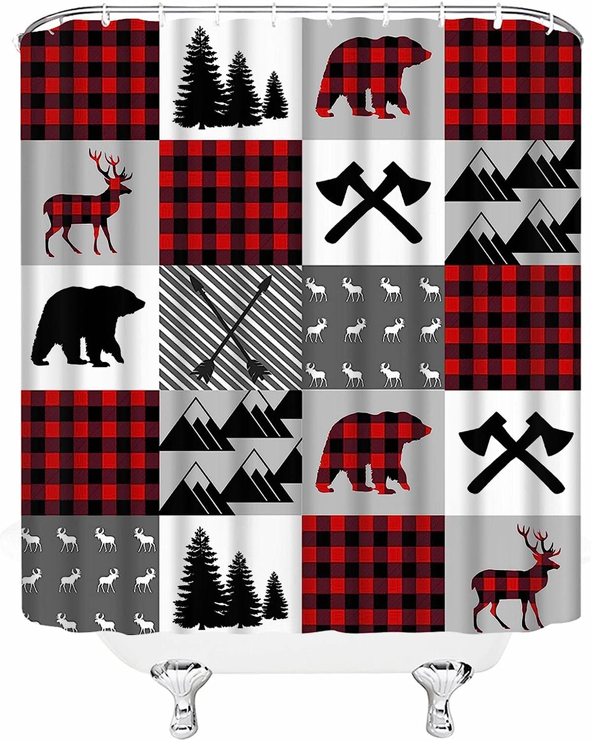 Rustic Plaid Bear Deer Shower Curtain, Cabin Themed Bathroom Decor with Nature and Wildlife