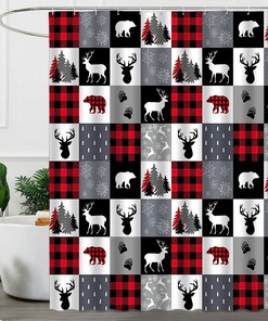 Rustic Plaid Bear Shower Curtain with Animal Hunting Cabin Print