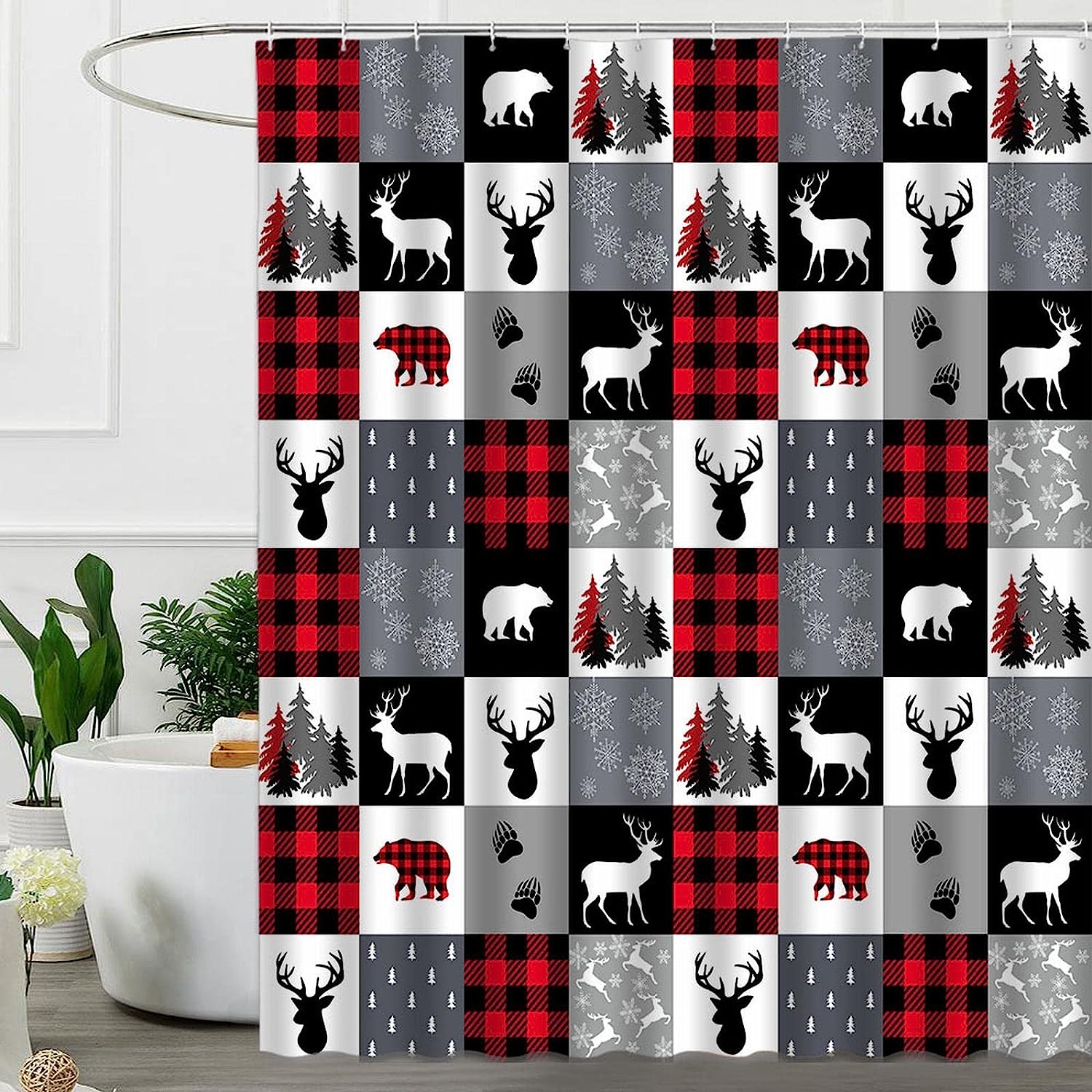 Rustic Plaid Bear Shower Curtain with Animal Hunting Cabin Print