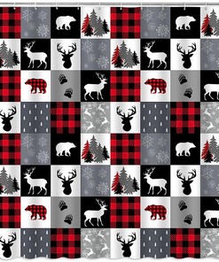 Rustic Plaid Bear Shower Curtain with Animal Hunting Cabin Print