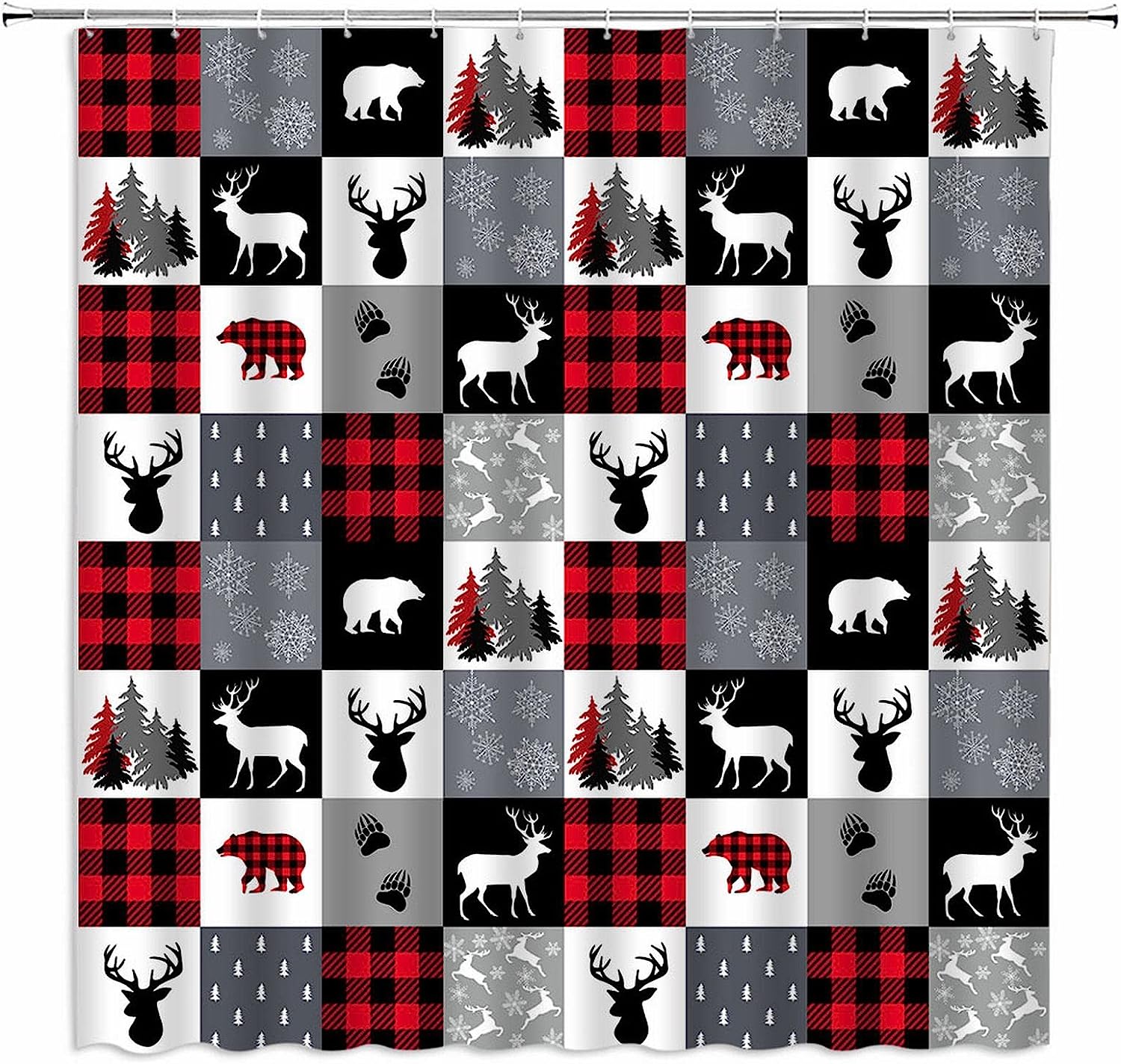 Rustic Plaid Bear Shower Curtain with Animal Hunting Cabin Print