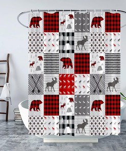 Rustic Plaid Bear Shower Curtain with Lodge Camping Wildlife Animal Print